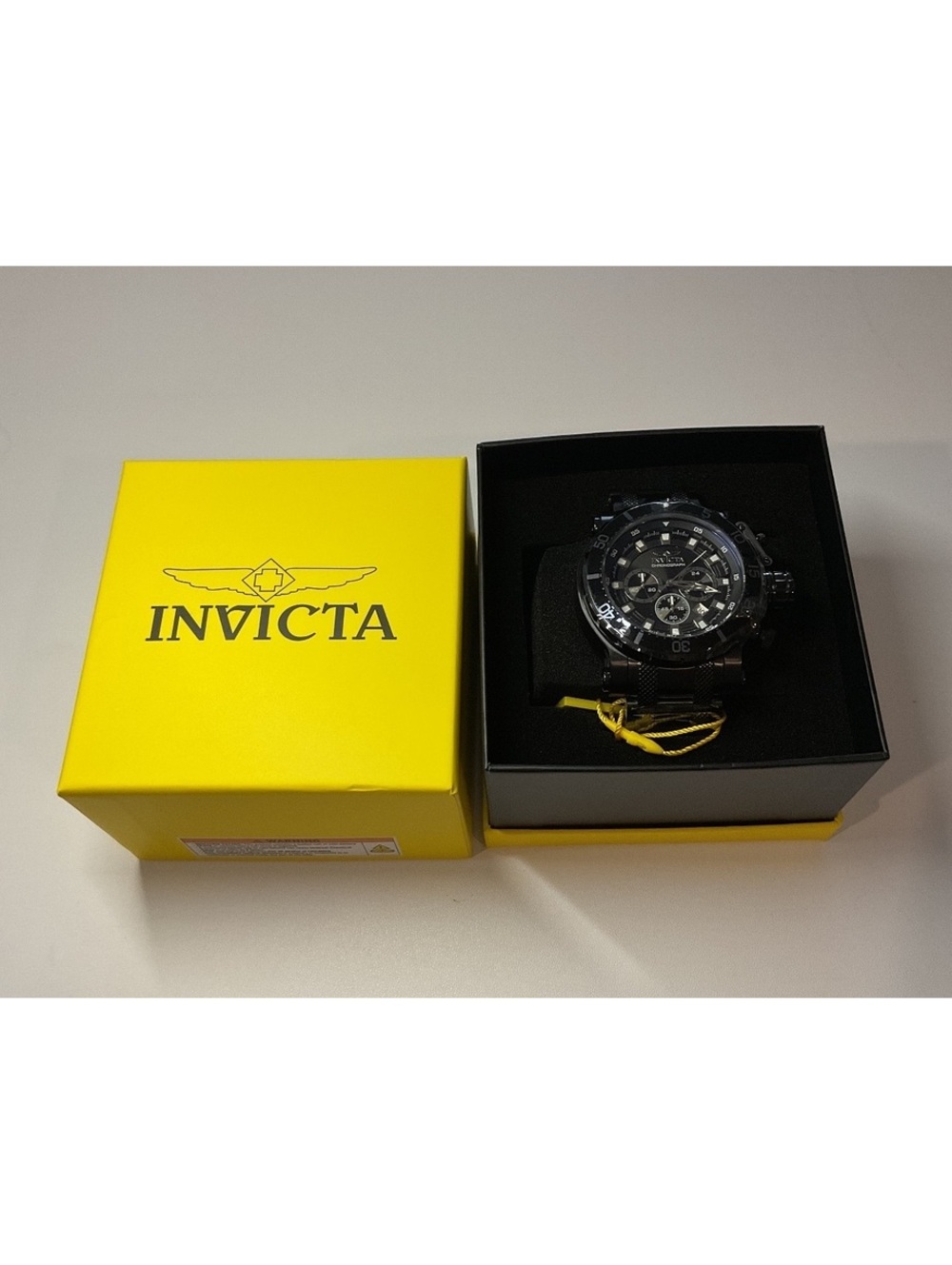 Invicta Men's Black Stainless Steel Chronograph Watch with Yellow Box